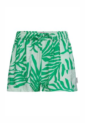 Shorts verdi e bianchi con un motivo a foglia di palma, vita elastica con cordoncino di regolazione e tasche laterali. Tessuto leggero.