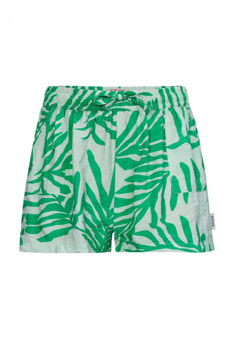 Shorts verdi e bianchi con un motivo a foglia di palma, vita elastica con cordoncino di regolazione e tasche laterali. Tessuto leggero.