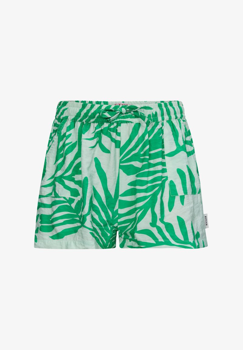 Shorts verdi e bianchi con un motivo a foglia di palma, vita elastica con cordoncino di regolazione e tasche laterali. Tessuto leggero.