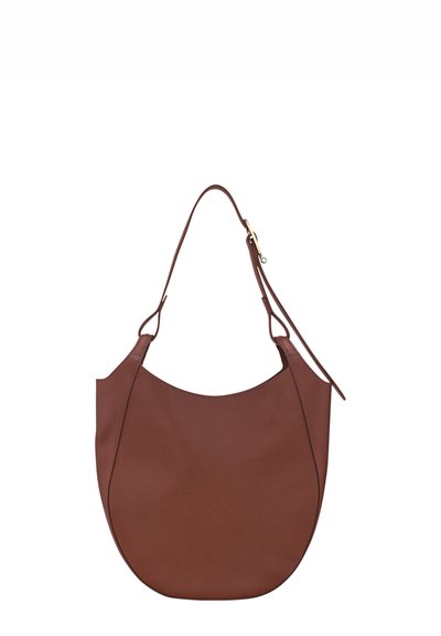 Brown leather hobo bag with a smooth texture, a curved shape, and adjustable straps. Features gold-tone hardware for added detail.
