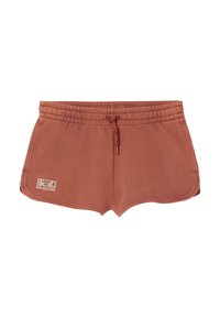 Shorts en coton rouge brique avec une taille élastique et un cordon de serrage. Présente une fente sur le côté et une étiquette avec la marque "LACOSTE".