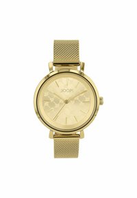 Goldfarbene Uhr mit Mesh-Armband, runder Gehäuseform, Zifferblatt mit Blumenmuster und Strichstundenmarkierungen. Logo befindet sich an der 12-Uhr-Position.