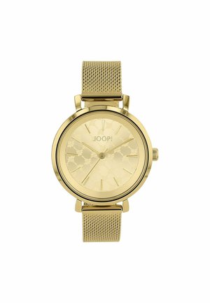 Goldfarbene Uhr mit Mesh-Armband, runder Gehäuseform, Zifferblatt mit Blumenmuster und Strichstundenmarkierungen. Logo befindet sich an der 12-Uhr-Position.