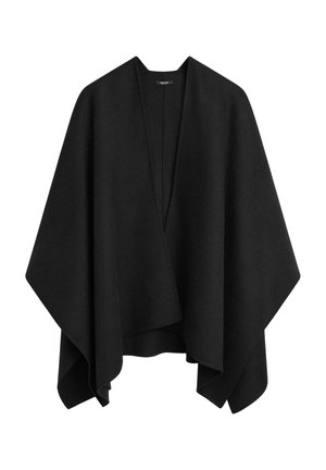 Poncho noir en laine, présentant une silhouette décontractée, une ouverture frontale et un ourlet asymétrique. Texture lisse sans fermetures visibles.