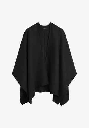 Schwarzer Poncho aus Wolle mit entspannter Silhouette, offener Vorderseite und asymmetrischem Saum. Glatte Textur ohne sichtbare Verschlüsse.