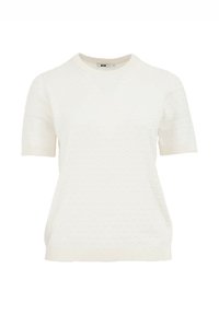 Biały top z krótkim rękawem wykonany z teksturowanej tkaniny z kropkowanym wzorem. Posiada okrągły dekolt i prążkowane wykończenia. Prosty i uniwersalny design.