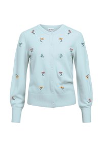 Cardigan en tricot bleu clair avec broderie florale en rose, jaune et teal. Il présente un col rond, des boutons sur le devant et des poignets côtelés.