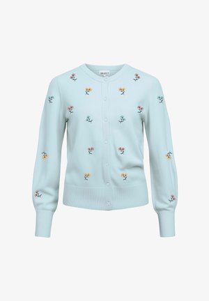 Hele sinine kootud kardigan, millel on roosades, kollastes ja sinakashallides toonides lilltikandid. Omadused: ümar kaelus, esiküljel nööbid ja soonilised varrukasuu osad.