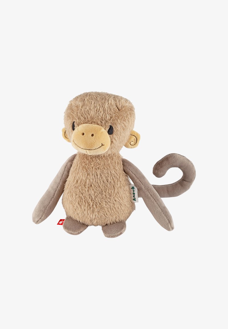 Plüsch-Affen-Spielzeug mit einem flauschigen beigen Körper, weichen braunen Armen und einem aufgerollten Schwanz. Es hat ein lächelndes Gesicht mit gestickten Details und strukturierter Felloptik.