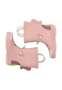 Bottes de pluie en caoutchouc roses avec un design de licorne. Les caractéristiques incluent des détails de corne en relief, des accents d'oreille et un motif de crinière multicolore sur le côté.