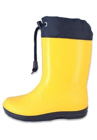 Geel waterproof rubberen laars met een gladde oppervlakte, marineblauwe nylon manchet, verstelbaar trekkoord en een gestructureerde zwarte zool.