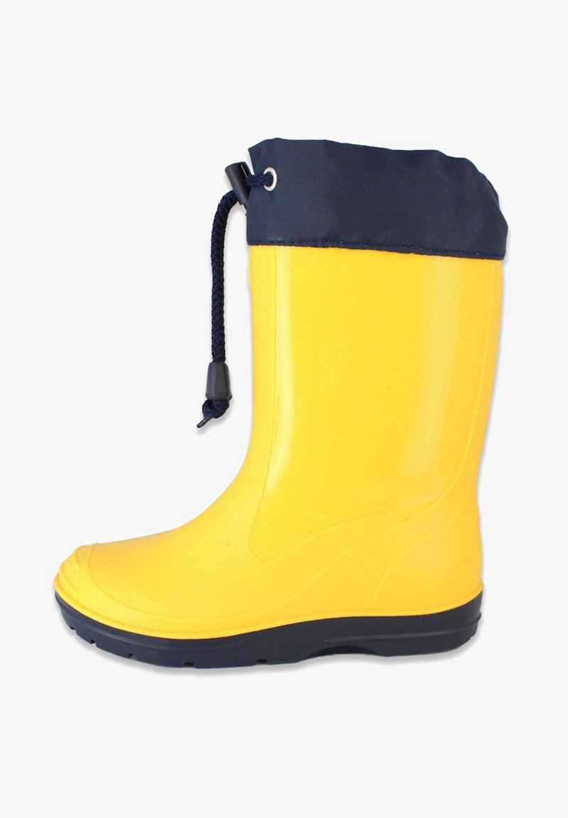 Botte en caoutchouc jaune imperméable avec une surface lisse, un bord en nylon bleu marine, un cordon de serrage ajustable et une semelle noire texturée.