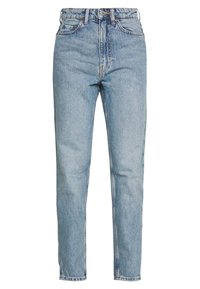 Vaqueros de tiro alto en denim de color azul claro, con pierna recta, diseño de cinco bolsillos y un ligero desgastado con costuras en contraste.