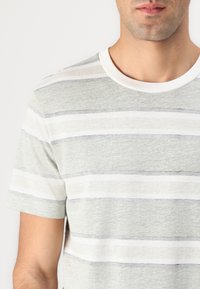 Gray and white striped t-shirt with a crew neck. The fabric appears soft with a heathered texture and varying stripe widths.
