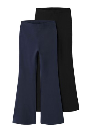 To par flared bukser, et navyblåt foran og et sort bagved, begge med elastiske linninger og uden synlige lukninger.