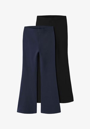 To par flared bukser, et navyblåt foran og et sort bagved, begge med elastiske linninger og uden synlige lukninger.