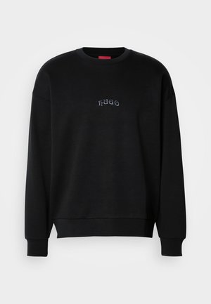 Sweatshirt nero a maniche lunghe con girocollo, con piccolo testo "hugo" centrato in azzurro sul petto, polsini e orlo a coste.