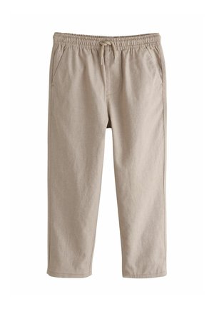 Beige linen blend cropped pants with an elastic waistband, drawstring, and two side pockets. Smooth texture and straight leg design.