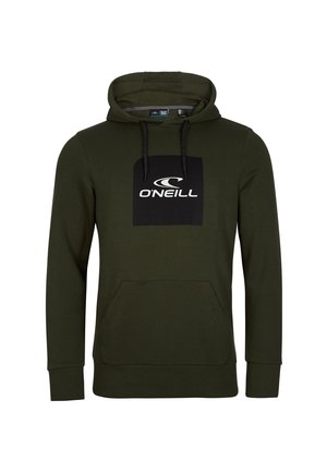 Donkergroene capuchontrui met voorzak en zwart vierkant logo met de tekst O'Neill op de borst, met zwarte trekkoorden aan de capuchon.