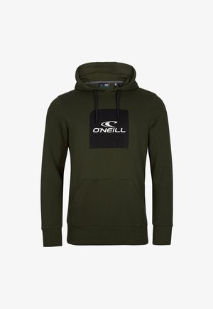 Donkergroene capuchontrui met voorzak en zwart vierkant logo met de tekst O'Neill op de borst, met zwarte trekkoorden aan de capuchon.