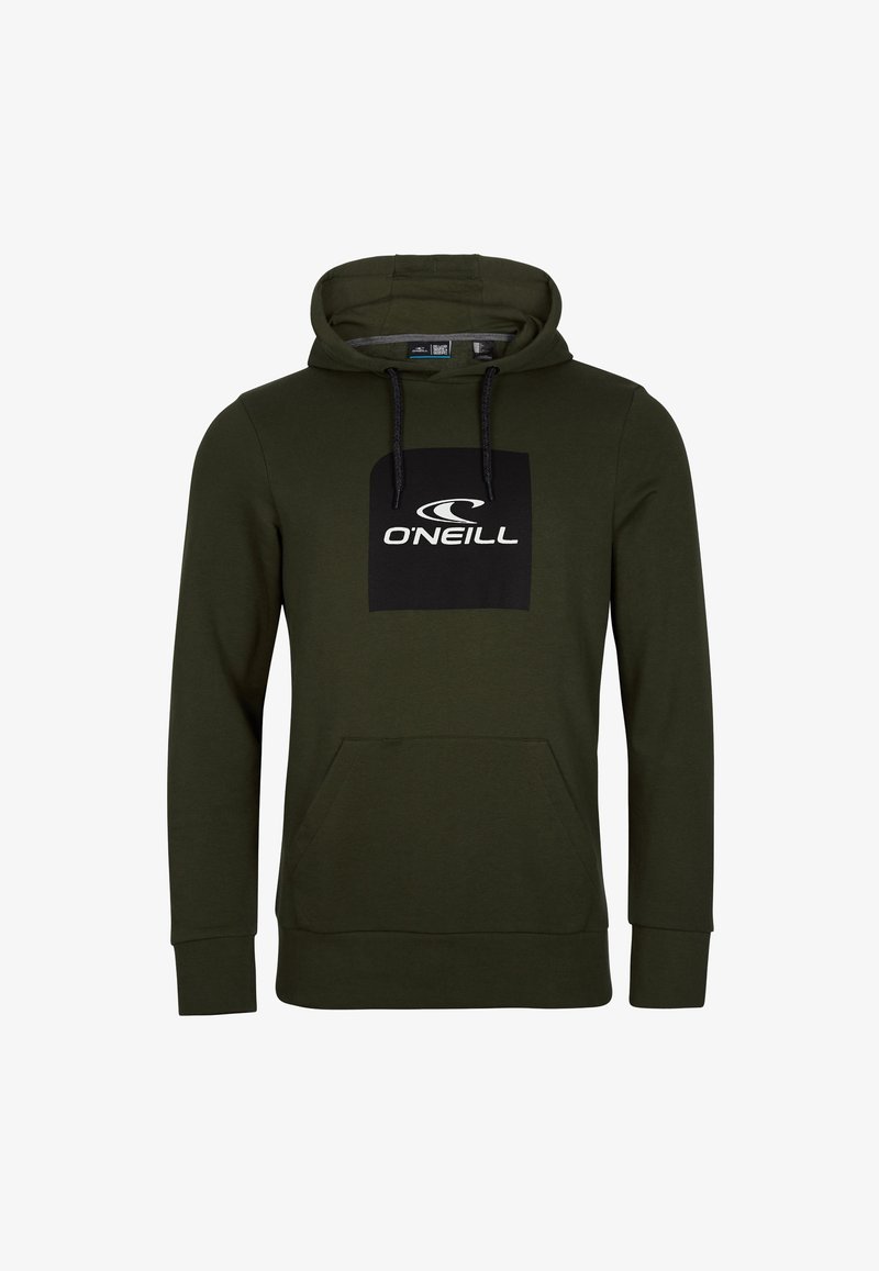 Sweat à capuche vert foncé avec poche avant et logo carré noir avec l'inscription O'Neill sur la poitrine, équipé de cordons noirs sur la capuche.