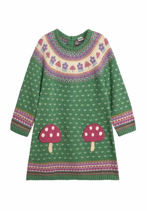 Robe tricotée verte à manches longues, col rond, ornée de motifs colorés de champignons et de fleurs, avec deux appliqués de champignons en bas.