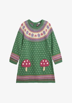 Grünes Strickkleid mit langen Ärmeln, runder Halslinie, bunten Pilz- und Blumenmustern sowie zwei Pilz-Applikationen am unteren Ende.