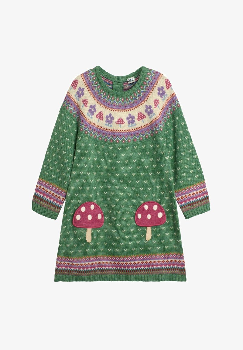 Zelené pletené šaty s dlhými rukávmi, okrúhlym výstrihom, farebnými vzormi húb a kvetov, a dvoma aplikáciami húb na spodnej časti.
