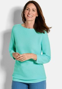 Mintgrüner Pullover mit langen Ärmeln, Rundhalsausschnitt, gerippten Bündchen und Saum. Die Textur ist glatt und hat eine leicht taillierte Silhouette.