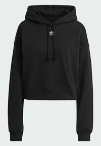 Svart kort hoodie med dragsnodd och ribbade ärmar, samt en liten vit logotyp på bröstet. Tillverkad av mjukt material med en slät yta.