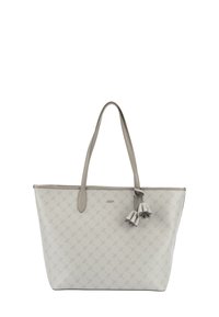 Jasnoszara torba na ramię wykonana z teksturowanego materia�łu, wyposażona w podwójne uchwyty i ozdobną frędzlę. Na całej powierzchni delikatny tłoczony wzór.