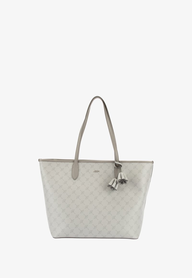 Borsa tote grigio chiaro realizzata in materiale strutturato, con doppi manici e un nappa decorativa. Sottile motivo in rilievo su tutta la superficie.