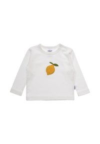 Weißes Langarmhemd mit rundem Ausschnitt, das auf der Vorderseite eine bestickte gelbe Zitrone und ein grünes Blatt zeigt. Druckknöpfe an der Schulter.