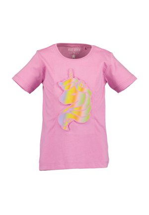 Rosa bomulds t-shirt med korte ærmer, der har et holografisk enhjørningedesign på fronten. Blød tekstur, rund halsstil.
