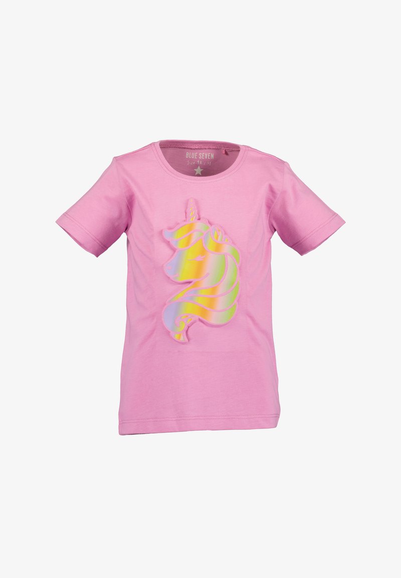 T-shirt in cotone rosa con maniche corte, caratterizzato da un design olografico di unicorno sul davanti. Tessuto morbido, stile a collo rotondo.