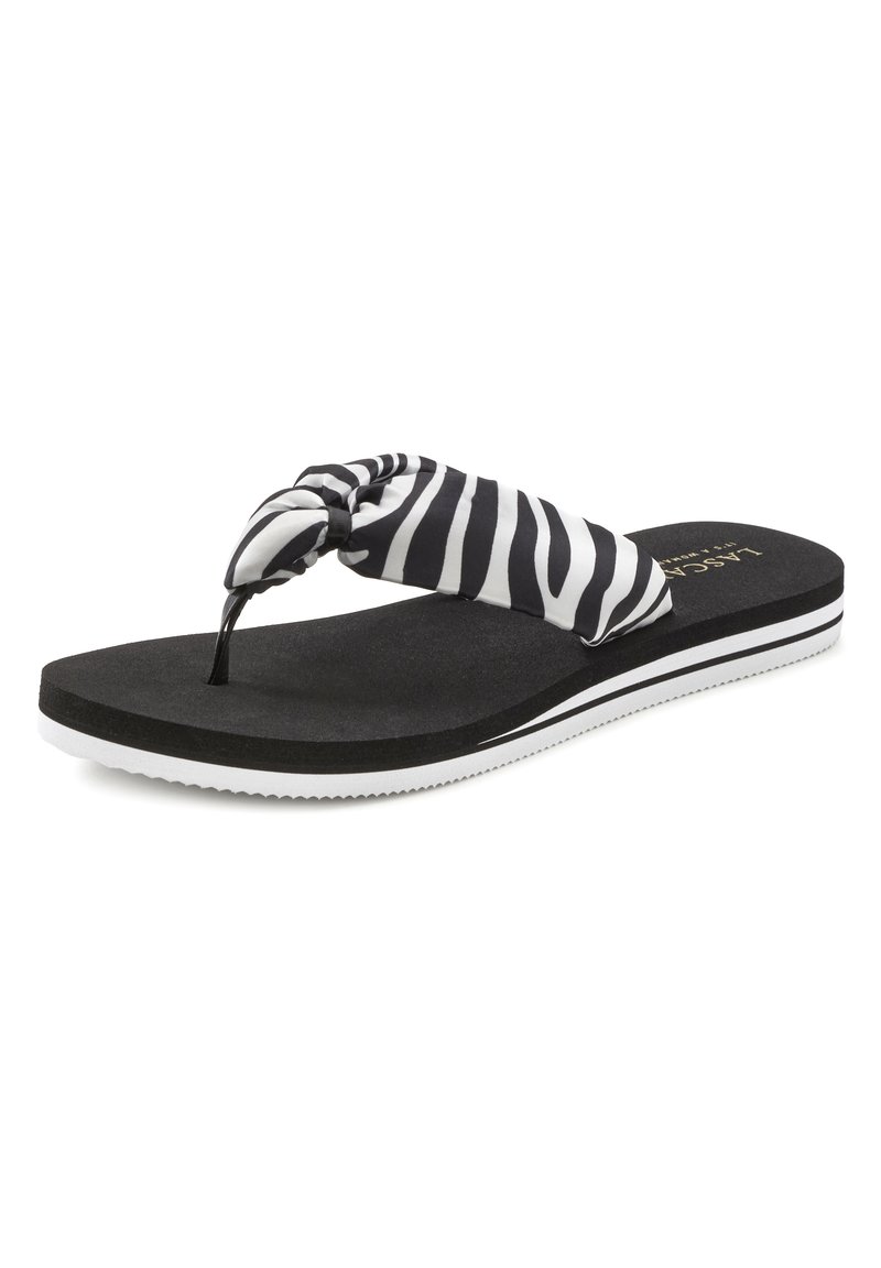 Schwarz-weiße gestreifte Flip-Flops mit einem geknoteten Stoffriemen, strukturiertem schwarzen Sohlen und weißen Akzenten am unteren Rand.