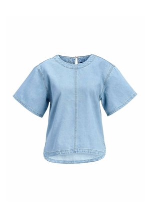 Hele sinine teksariidest lühikeste varrukatega särk ümarate kaelusega, esisõmblusega ning selja taga tõmblukuga sulgur.