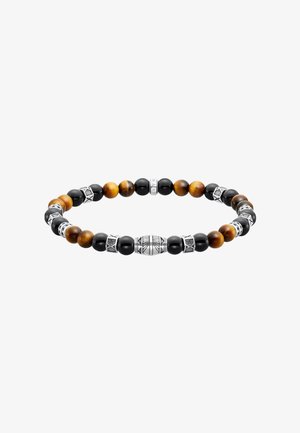 Perlenarmband mit abwechselnden braunen Tigerauge- und schwarzen Perlen, verziert mit silbernen geometrischen und gravierten dekorativen Zwischenstücken.