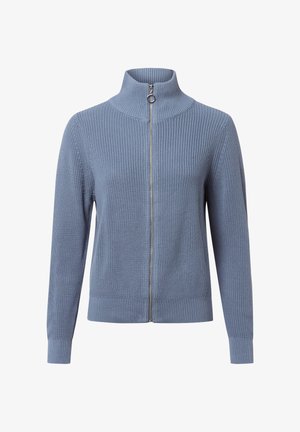 Lichtblauwe ritstrui met een hoge kraag, geribbelde textuur, lange mouwen en een zilveren ritsdetail aan de voorkant.
