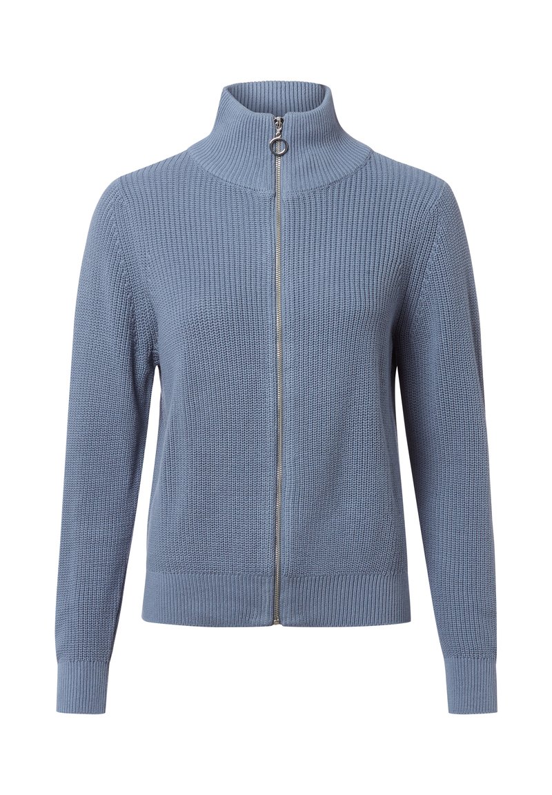 Jasnoniebieski sweter rozpinany z wysokim kołnierzem, prążkowana tekstura, długie rękawy oraz srebrny zamek błyskawiczny z przodu.