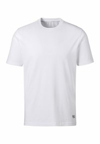 White short-sleeve t-shirt made of cotton, featuring a crew neck, a straight hem, and a small black logo on the lower left side.
