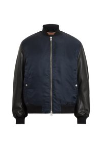 Navy bomber jacket with black leather sleeves, ribbed cuffs and hem, zip front closure, and side pockets. Smooth texture with contrasting materials.