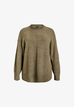 Roheline kootud sviiter tekstuurses viimistluses, ümarate krae ja pikkade varrukatega, lõdva lõikega ning ribaga äärisega.