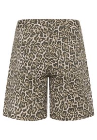 Shorts à imprimé léopard dans une palette de couleurs beiges et olive. Comprend des poches arrière et une coupe droite avec une taille mi-haute.