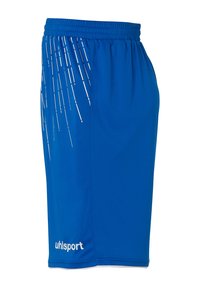 Blå træningsshorts lavet af letvægtsstof, med hvide skrå striber og elastisk talje. Logo vist på nederste venstre side.