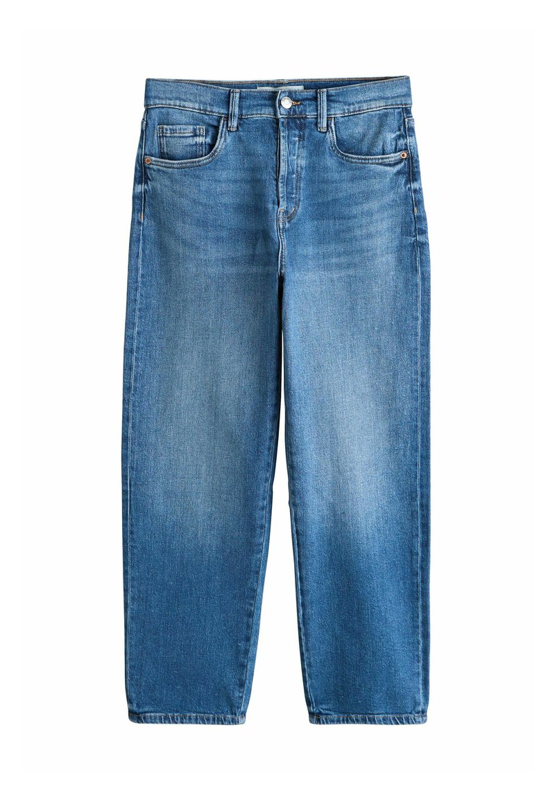 Blugi din denim albastru cu croială dreptă, cinci buzunare și un finisaj decolorat. Au elemente metalice și detalii cu cusături.