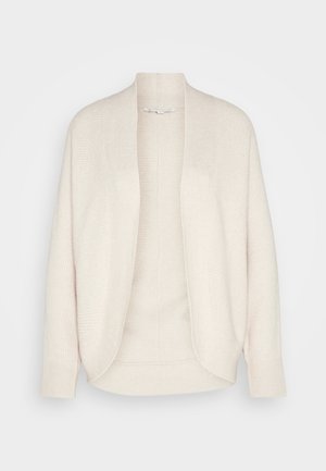 Light cream cardigan made of ribbed-knit fabric. Open front with no fasteners, dropped shoulders, and long sleeves. Minimalist design.