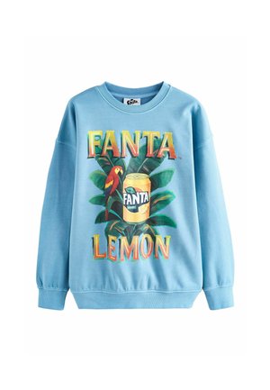 Light blue sweatshirt with colorful Fanta Lemon logo, a can of Fanta, tropical leaves, and a red parrot design on the front.