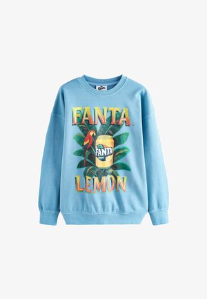 Svetlomodrá mikina s farebným logom Fanta Lemon, plechovkou Fanta, tropickými listami a dizajnom červeného papagája na prednej strane.