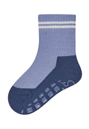 Single blue ankle sock with two white stripes near the cuff and dark blue heel, toe, and sole with grip patches.
